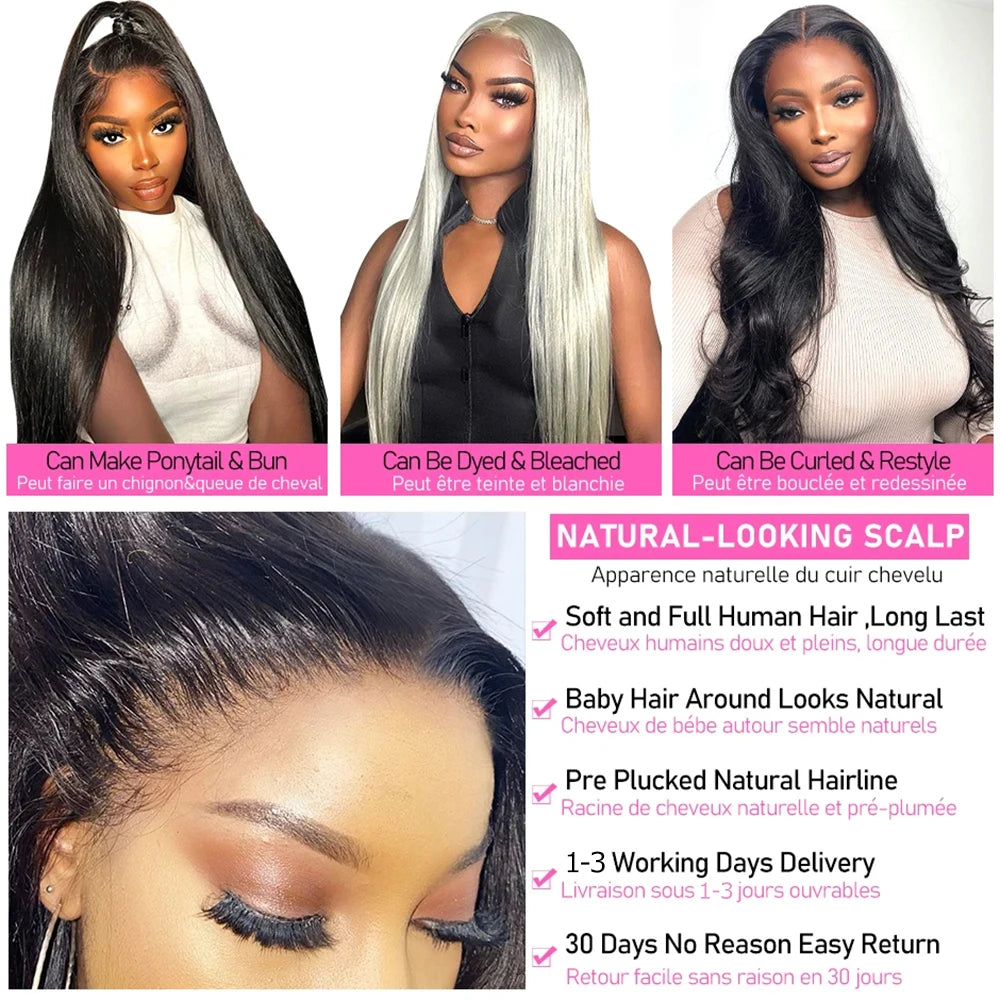 Peruca de Cabelo Humano Liso Bone Straight com Renda Frontal 13x4 ou 13x6, Fácil de Usar, Sem Cola, Estilo Brasileiro, com Fecho de Renda 4x4, 5x5 ou 6x4 para Mulheres.
