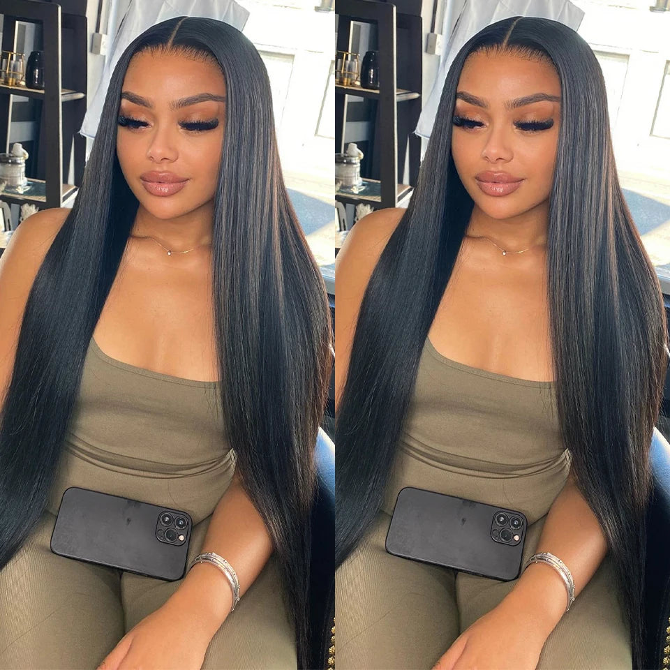 Peruca de Cabelo Humano Liso Bone Straight com Renda Frontal 13x4 ou 13x6, Fácil de Usar, Sem Cola, Estilo Brasileiro, com Fecho de Renda 4x4, 5x5 ou 6x4 para Mulheres.