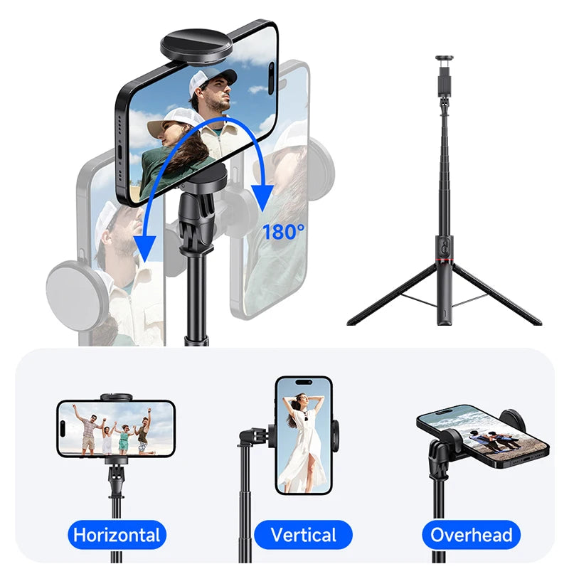 Bastão de selfie TT01 1,77m — tripé automático com controlo remoto magnético.