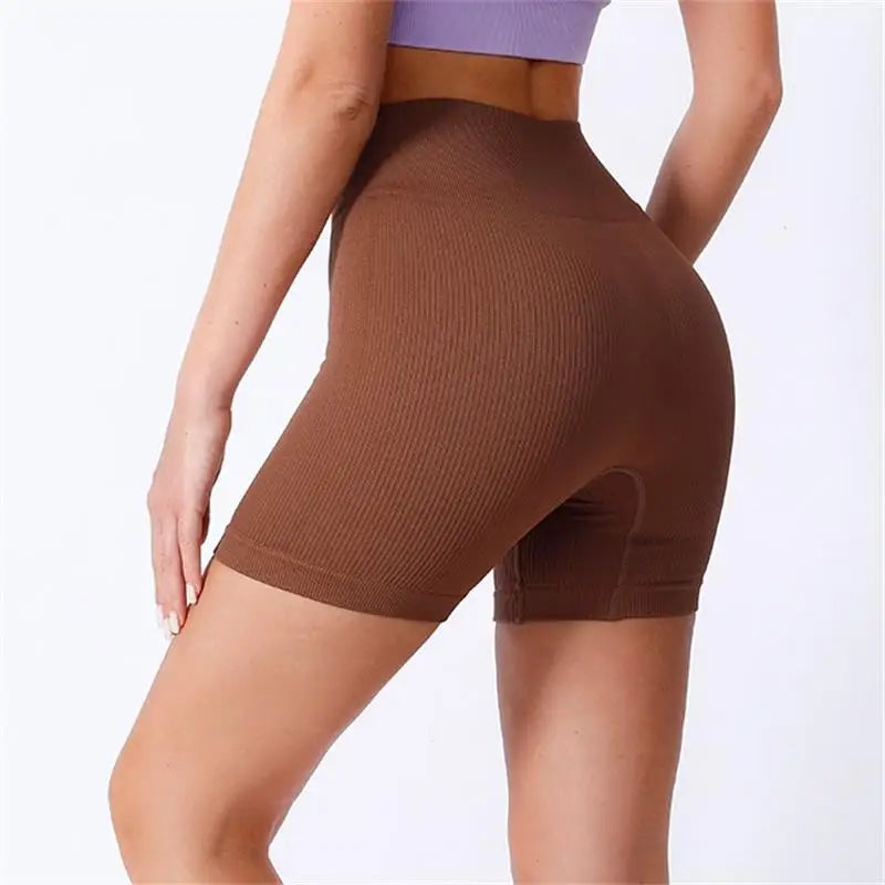 Calças de Yoga de Cintura Alta para Mulher – Modelam e Levantam, Justas, Cor Sólida com Textura Canelada, Tipo Shorts Desportivos