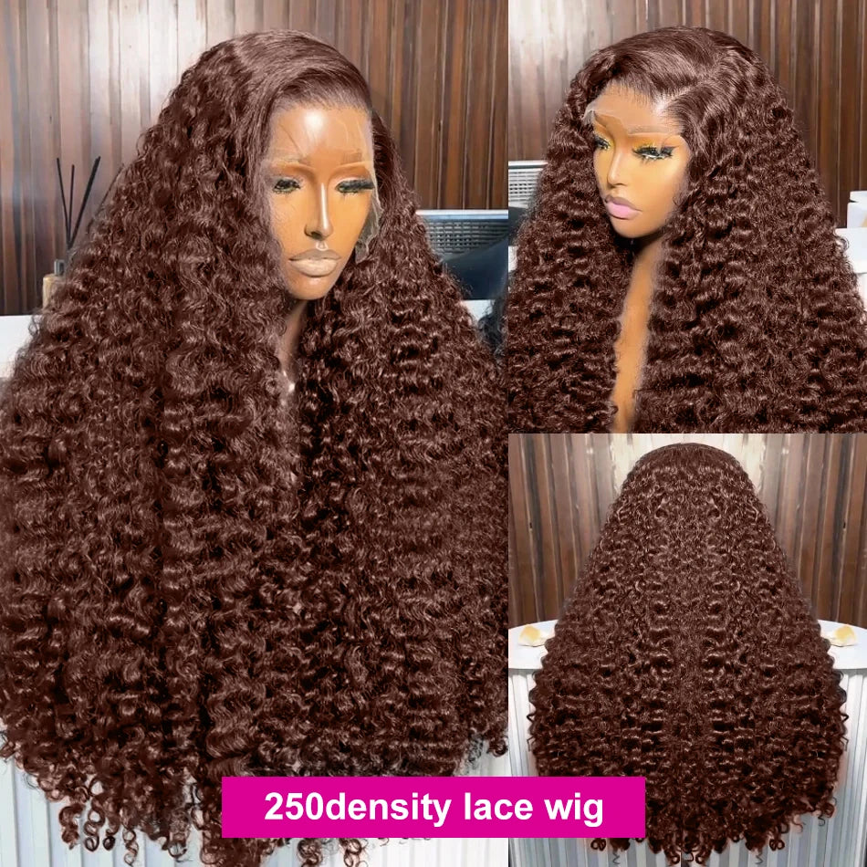 Peruca de Cabelo Humano Ondulado “Deep Wave” Castanho Chocolate 200% Densidade – 30 a 38 Polegadas, Renda Transparente Frontal 13x6