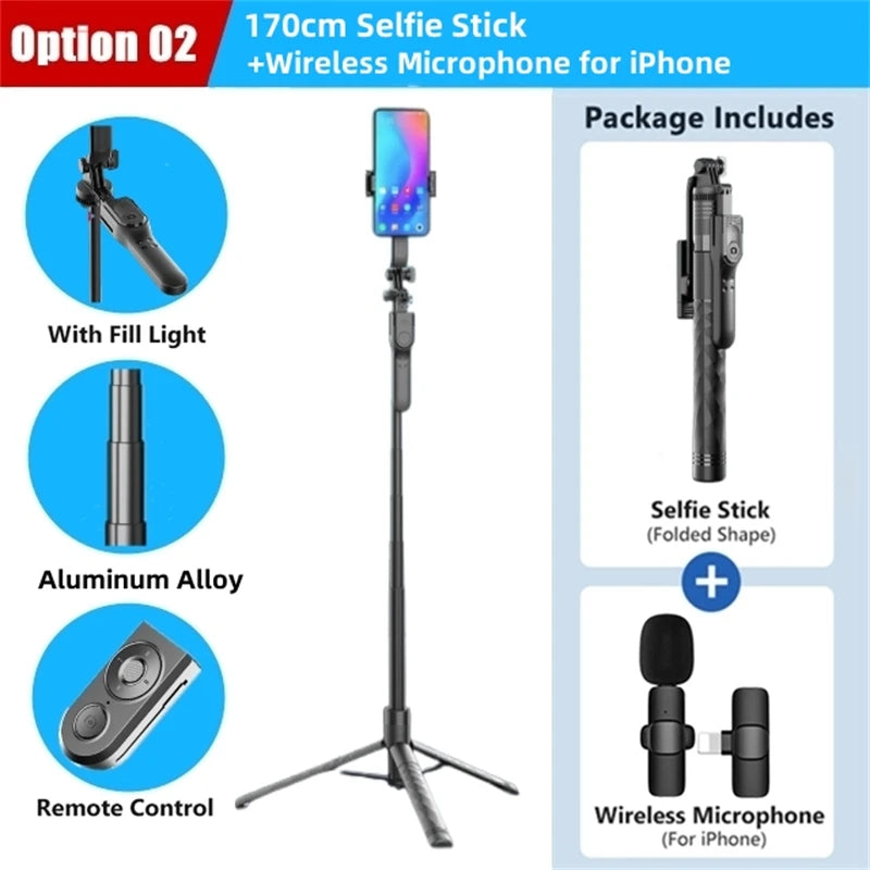 FANGTUOSI bastão de selfie sem fios 1750mm — tripé dobrável/monopé com luz LED para smartphones, gravação estável e transmissões ao vivo.