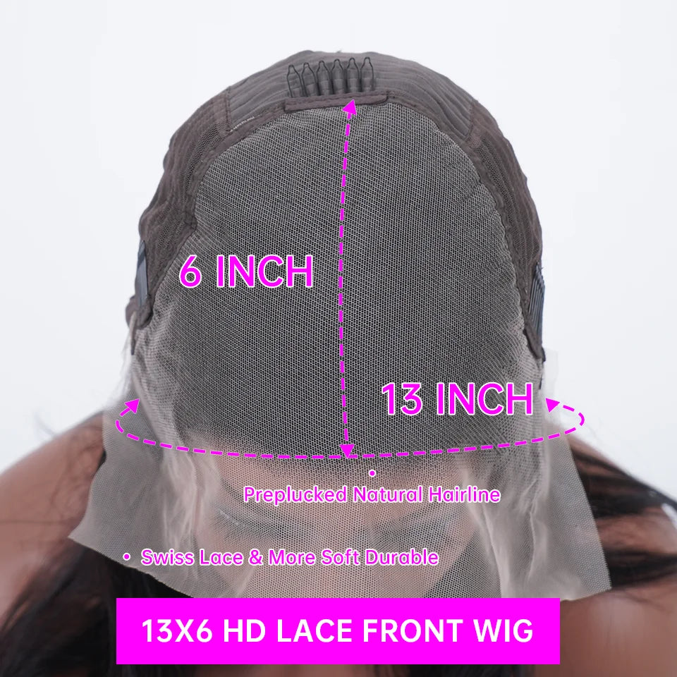 Peruca de Cabelo Humano Ondulado “Deep Wave” Castanho Chocolate 200% Densidade – 30 a 38 Polegadas, Renda Transparente Frontal 13x6