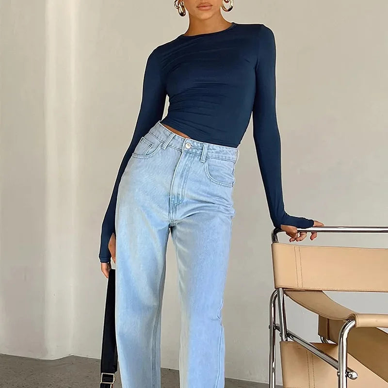 T-shirt Feminina Fashion – Manga Longa, Gola Redonda, Slim Fit, Crop Top com Orifícios para os Polegares, Casual e Streetwear de Verão