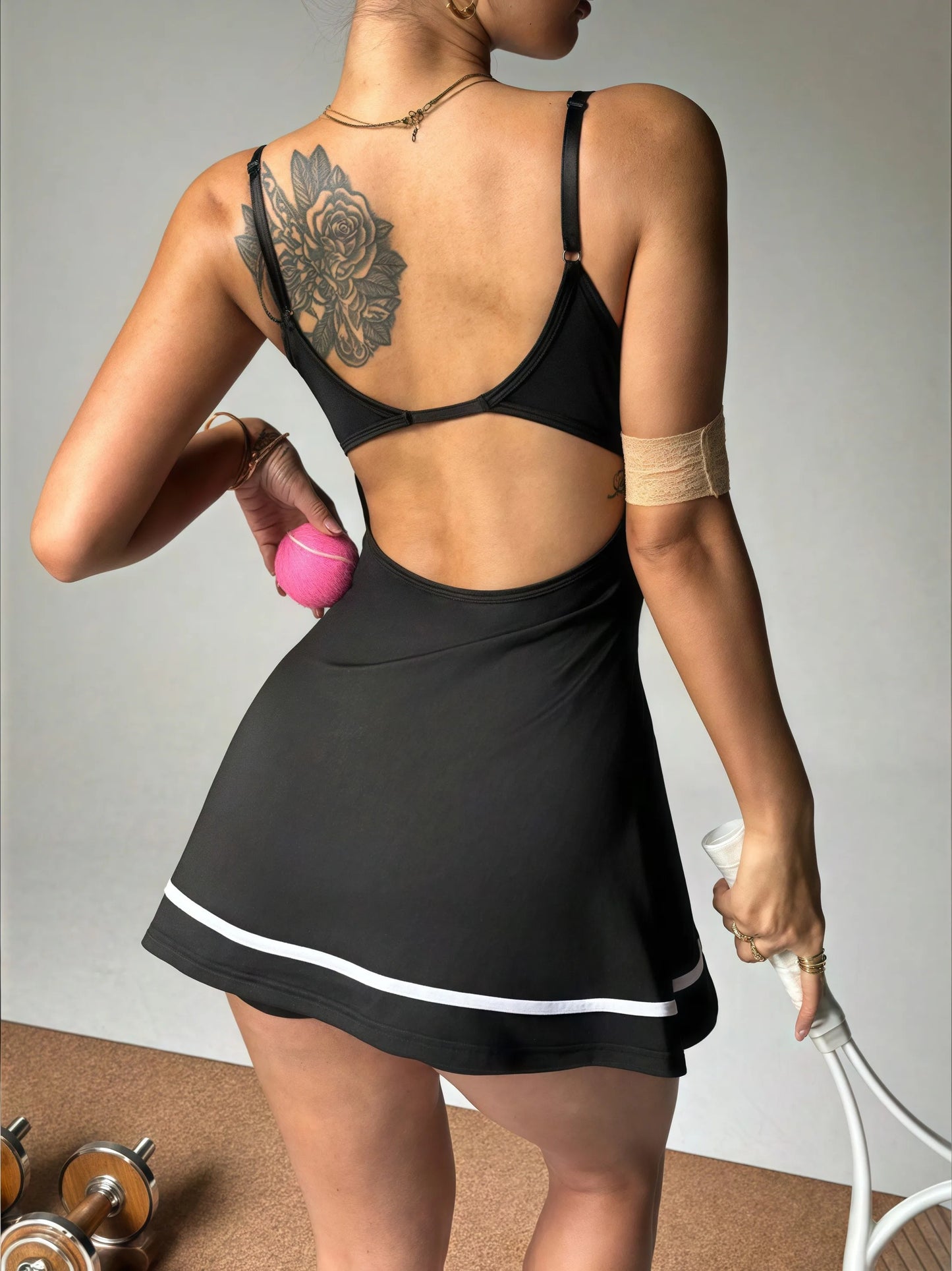 Vestido desportivo feminino com alças — modelo justo e sem mangas, estilo ténis, com blocos de cor e saia curta.