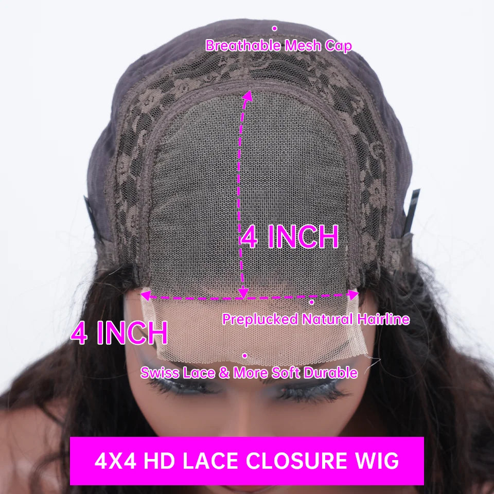 Peruca de Cabelo Humano Ondulado “Deep Wave” Castanho Chocolate 200% Densidade – 30 a 38 Polegadas, Renda Transparente Frontal 13x6