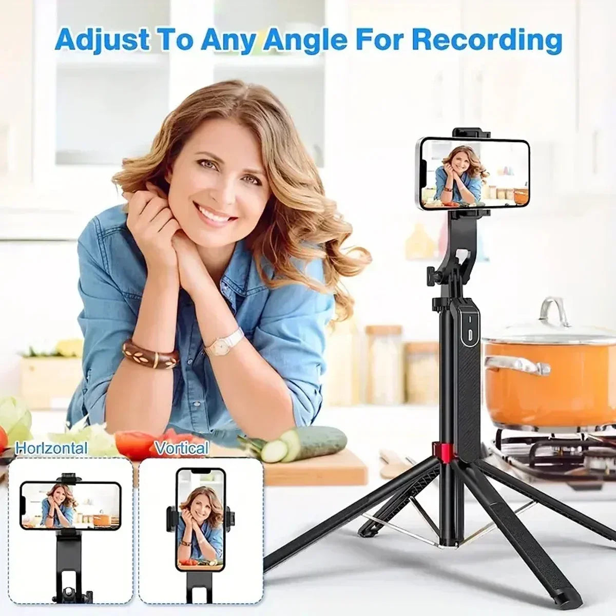 Tripé portátil para câmera com controlo remoto sem fios e rotação 360° — ideal para gravação de vídeo, filmagens e transmissões ao vivo.