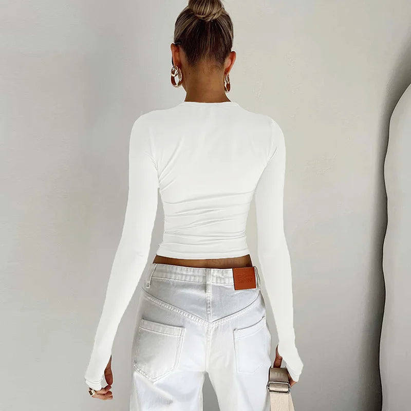T-shirt Feminina Fashion – Manga Longa, Gola Redonda, Slim Fit, Crop Top com Orifícios para os Polegares, Casual e Streetwear de Verão
