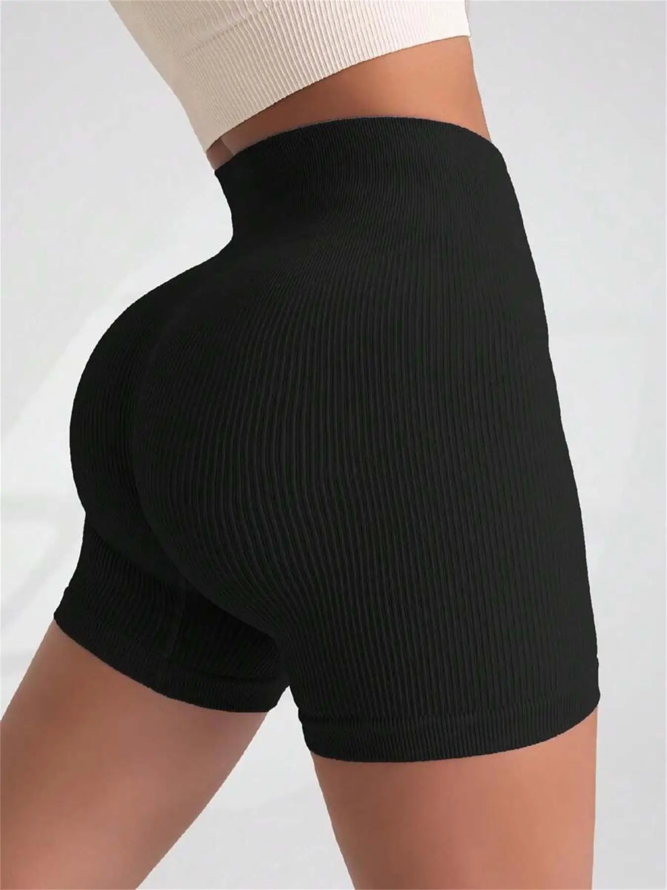 Calças de Yoga de Cintura Alta para Mulher – Modelam e Levantam, Justas, Cor Sólida com Textura Canelada, Tipo Shorts Desportivos