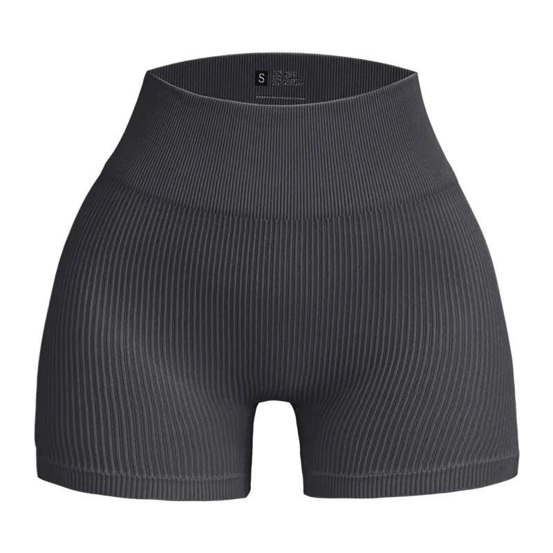 Calças de Yoga de Cintura Alta para Mulher – Modelam e Levantam, Justas, Cor Sólida com Textura Canelada, Tipo Shorts Desportivos