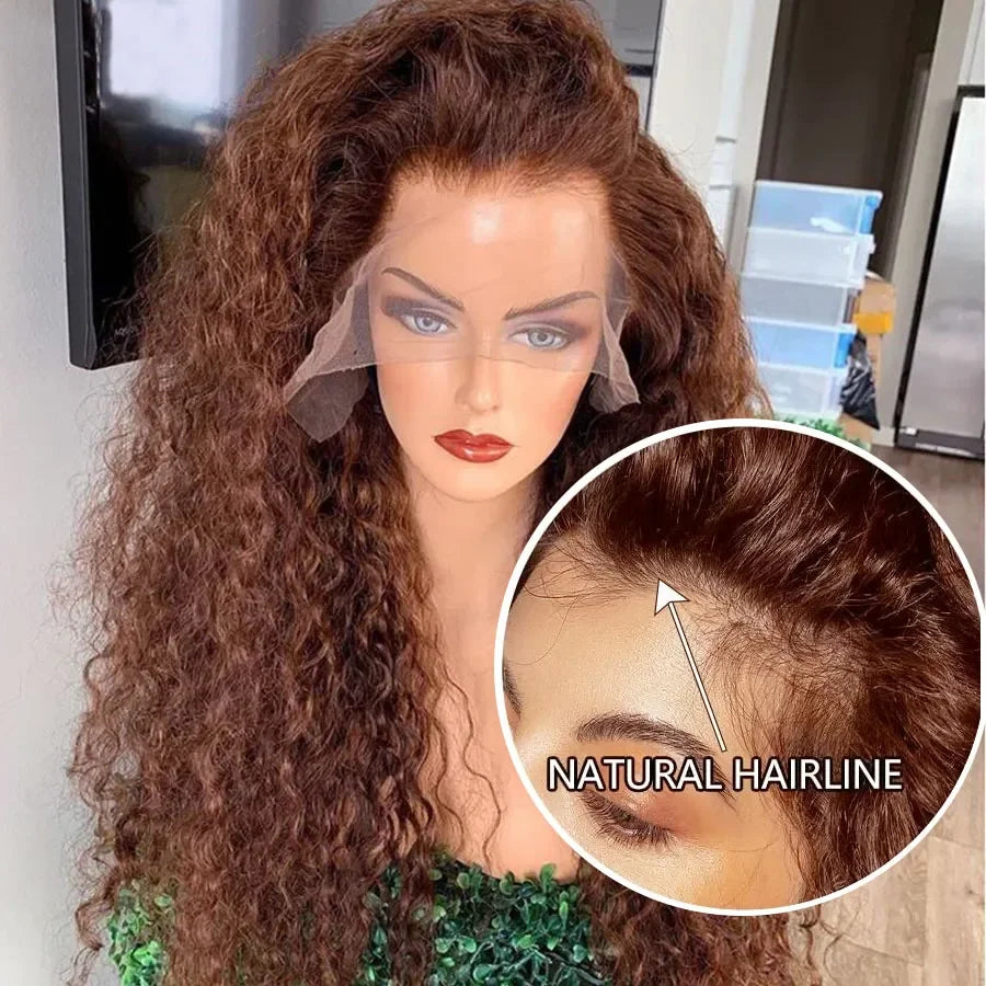 Peruca de Cabelo Humano Ondulado “Deep Wave” Castanho Chocolate 200% Densidade – 30 a 38 Polegadas, Renda Transparente Frontal 13x6