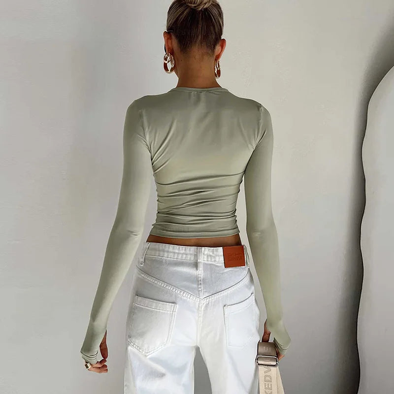 T-shirt Feminina Fashion – Manga Longa, Gola Redonda, Slim Fit, Crop Top com Orifícios para os Polegares, Casual e Streetwear de Verão