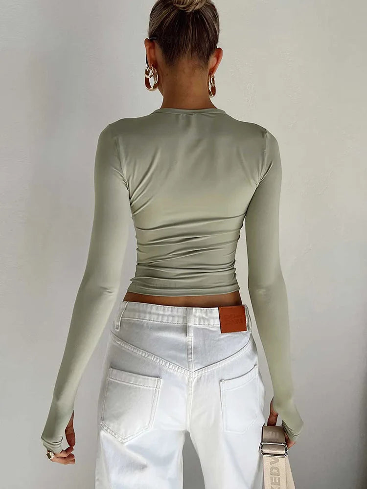 T-shirt Feminina Fashion – Manga Longa, Gola Redonda, Slim Fit, Crop Top com Orifícios para os Polegares, Casual e Streetwear de Verão