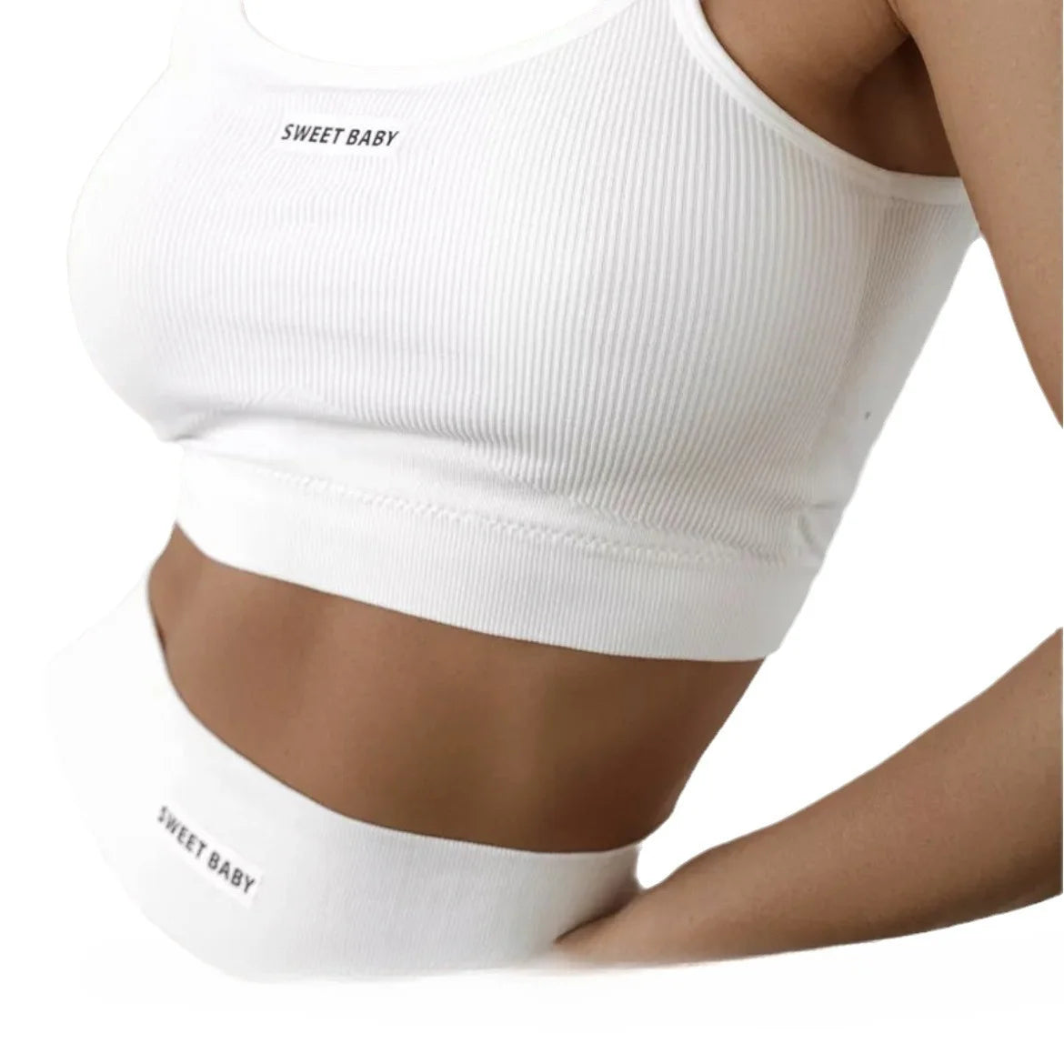 Conjunto de roupa de ioga feminina russa sem costuras — top halter e calças de ioga com letras em inglês, conjunto casual sem costuras.