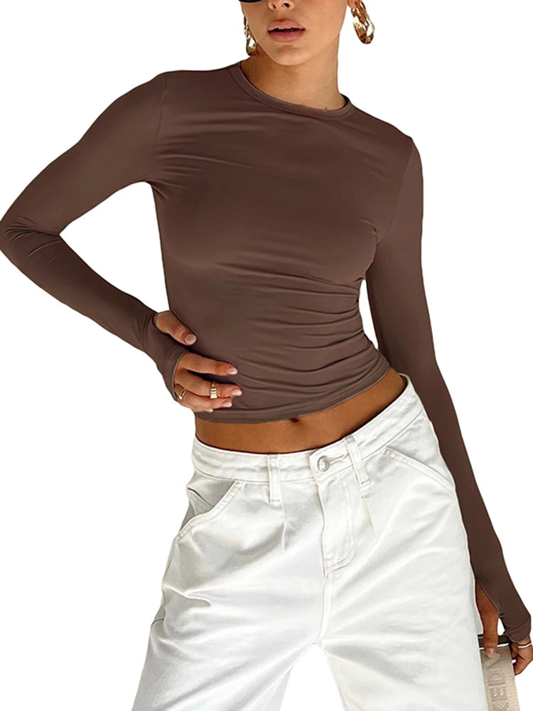T-shirt Feminina Fashion – Manga Longa, Gola Redonda, Slim Fit, Crop Top com Orifícios para os Polegares, Casual e Streetwear de Verão