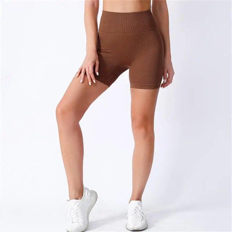 Calças de Yoga de Cintura Alta para Mulher – Modelam e Levantam, Justas, Cor Sólida com Textura Canelada, Tipo Shorts Desportivos