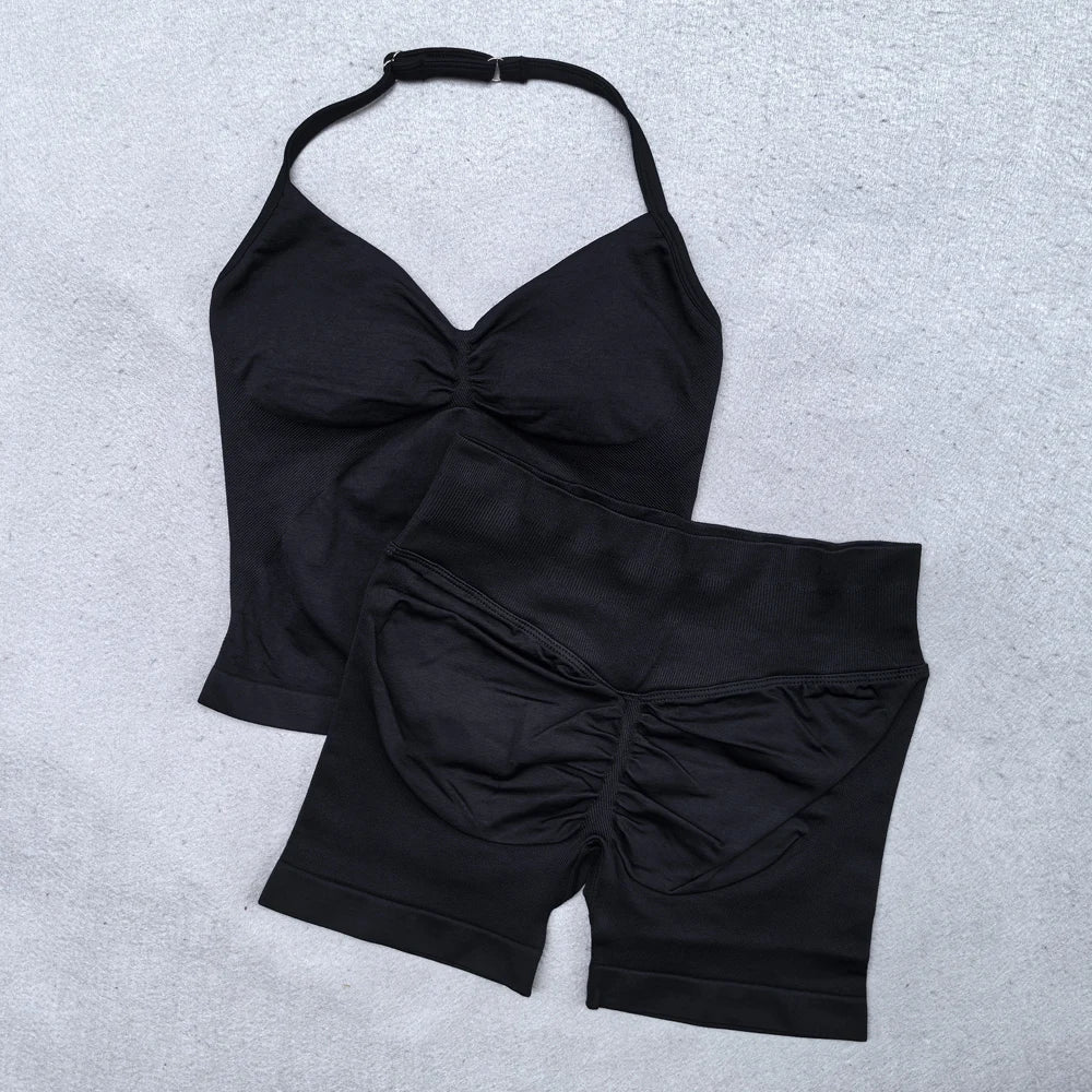 Conjunto Fitness Feminino 2 Peças – Top Ajustável Sem Costuras e Calções Scrunch, Ideal para Yoga, Ginásio e Treinos de Verão