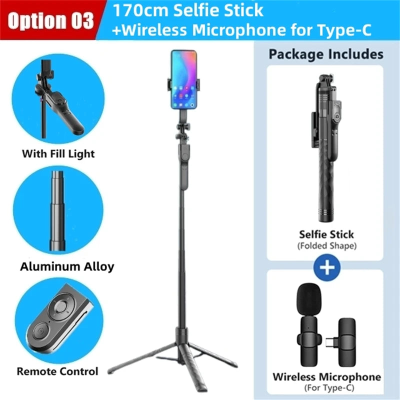 FANGTUOSI bastão de selfie sem fios 1750mm — tripé dobrável/monopé com luz LED para smartphones, gravação estável e transmissões ao vivo.