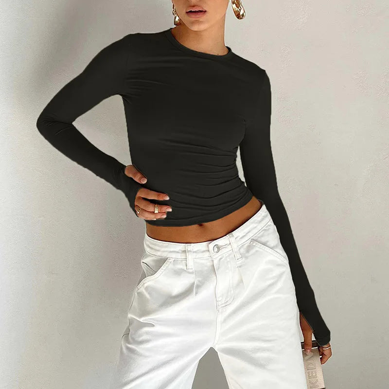 T-shirt Feminina Fashion – Manga Longa, Gola Redonda, Slim Fit, Crop Top com Orifícios para os Polegares, Casual e Streetwear de Verão