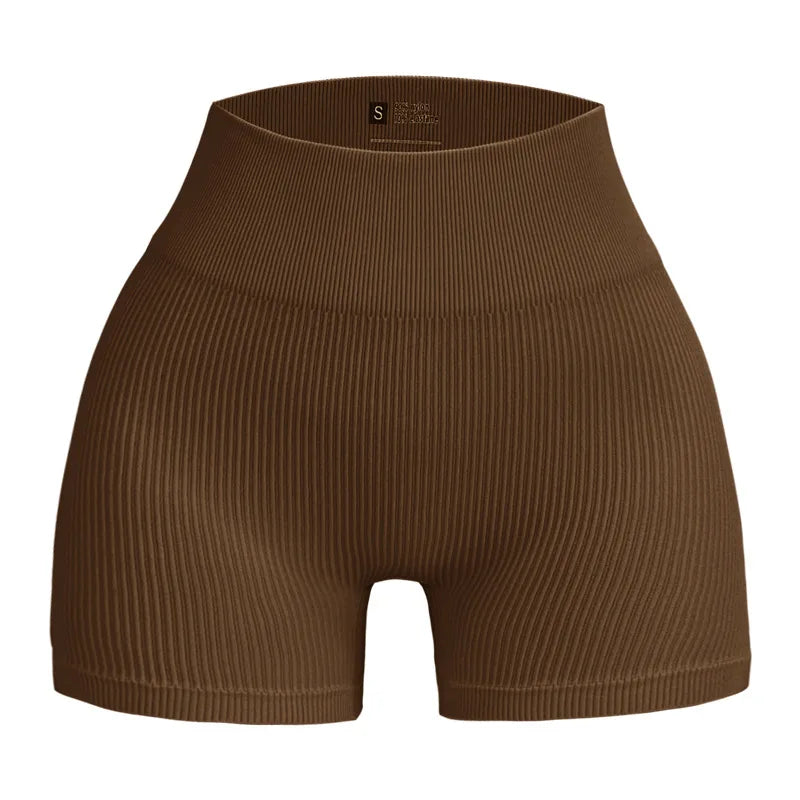 Calças de Yoga de Cintura Alta para Mulher – Modelam e Levantam, Justas, Cor Sólida com Textura Canelada, Tipo Shorts Desportivos