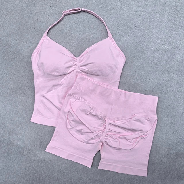 Conjunto Fitness Feminino 2 Peças – Top Ajustável Sem Costuras e Calções Scrunch, Ideal para Yoga, Ginásio e Treinos de Verão