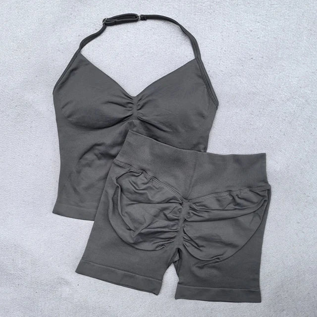 Conjunto Fitness Feminino 2 Peças – Top Ajustável Sem Costuras e Calções Scrunch, Ideal para Yoga, Ginásio e Treinos de Verão