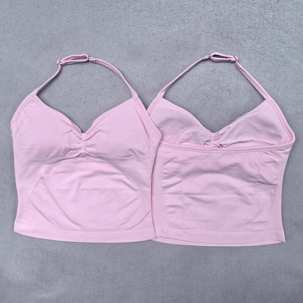 Conjunto Fitness Feminino 2 Peças – Top Ajustável Sem Costuras e Calções Scrunch, Ideal para Yoga, Ginásio e Treinos de Verão
