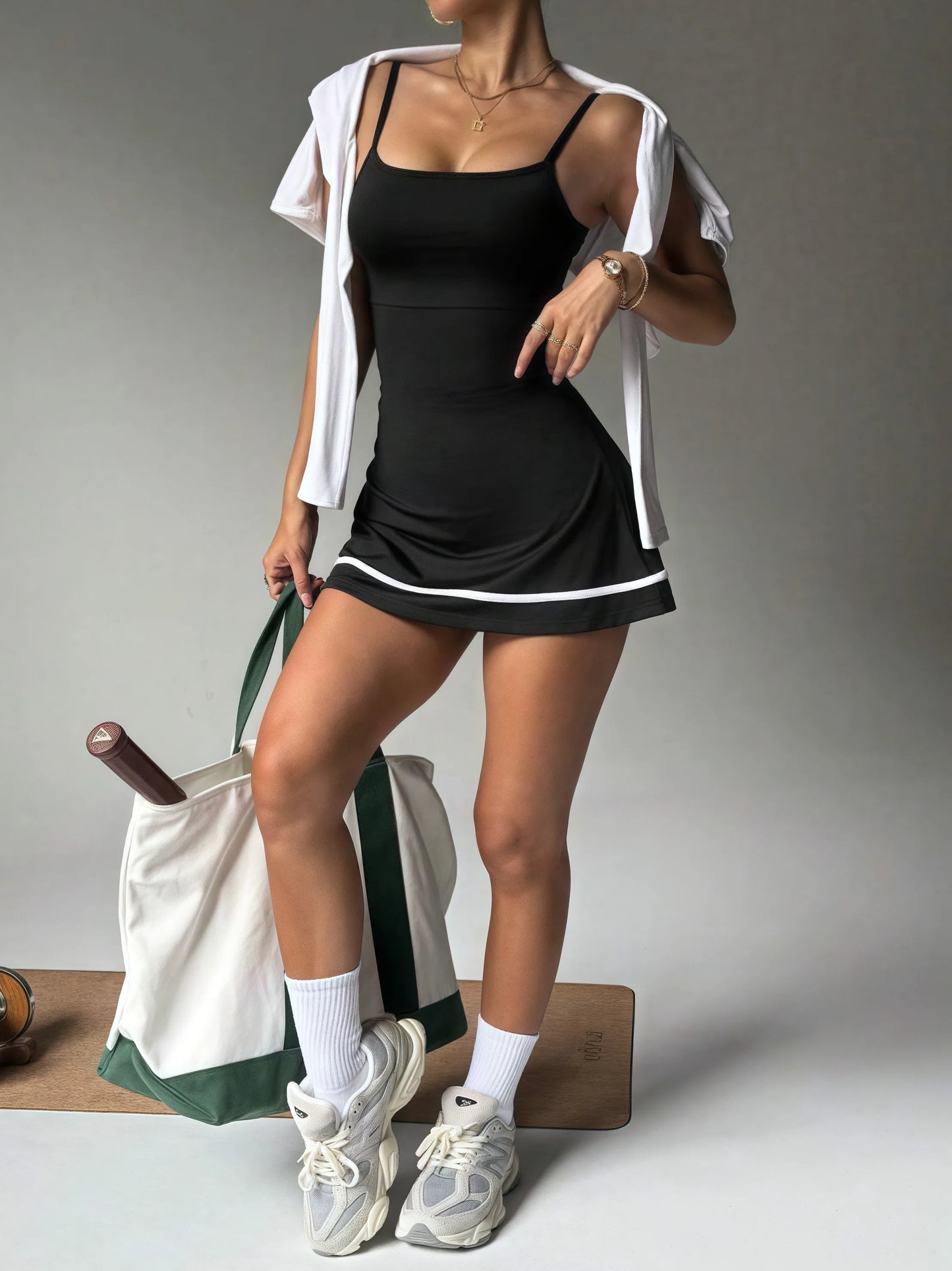 Vestido desportivo feminino com alças — modelo justo e sem mangas, estilo ténis, com blocos de cor e saia curta.