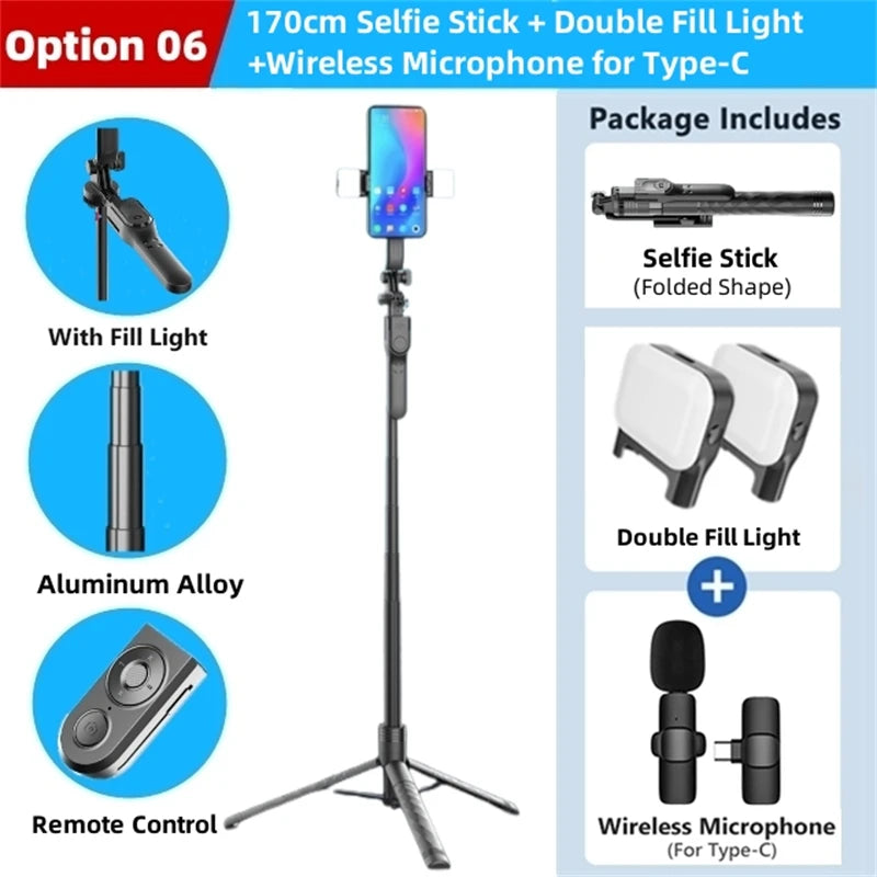 FANGTUOSI bastão de selfie sem fios 1750mm — tripé dobrável/monopé com luz LED para smartphones, gravação estável e transmissões ao vivo.