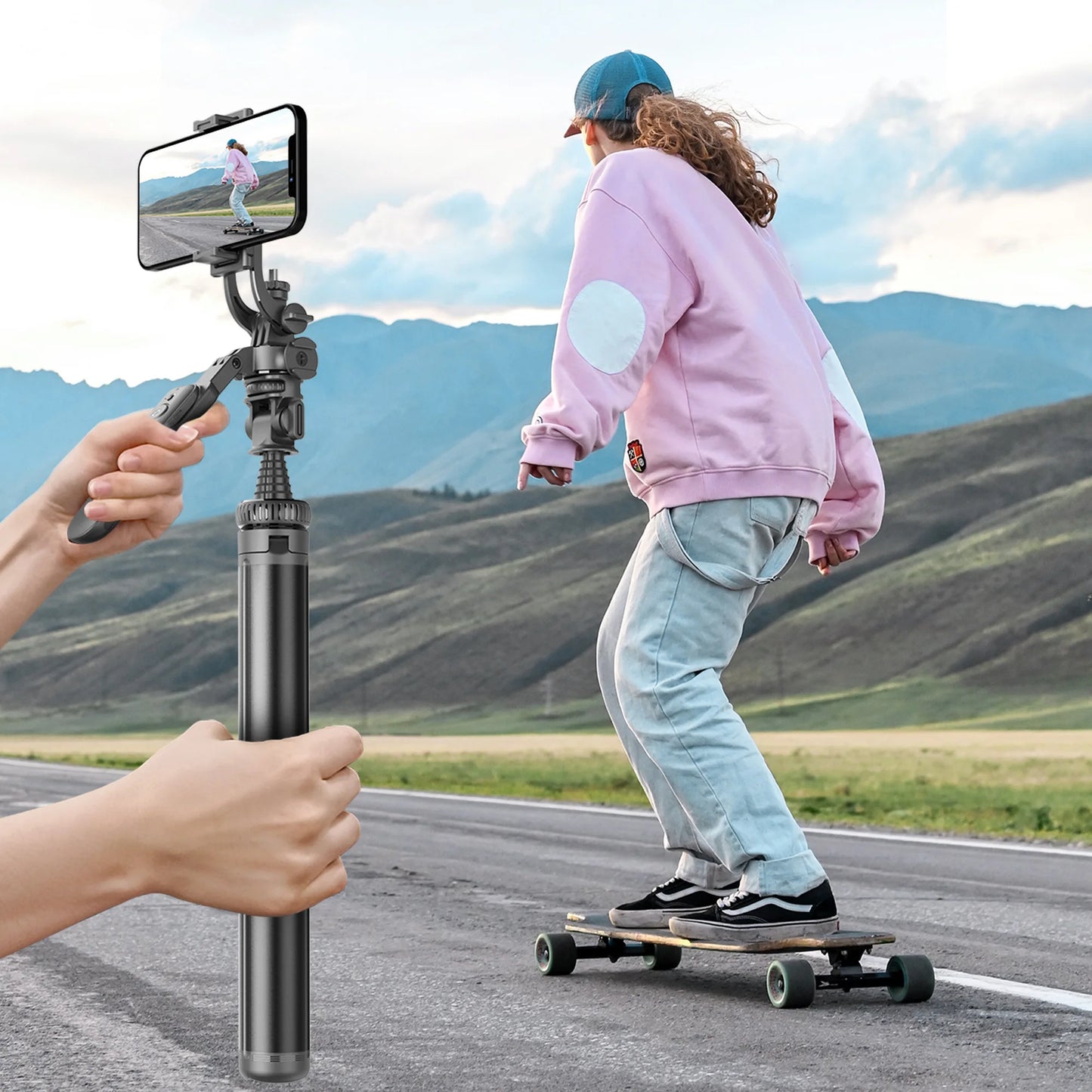 C05 tripé metálico de 2m — bastão de selfie com equilíbrio, gravação estável, extensão e Bluetooth, estabilizador para telemóvel.