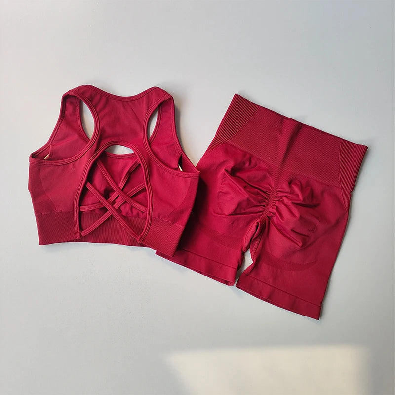 Conjunto feminino de 2 peças sem costuras — top desportivo sexy e calções de cintura alta para treino, fitness e ginásio.