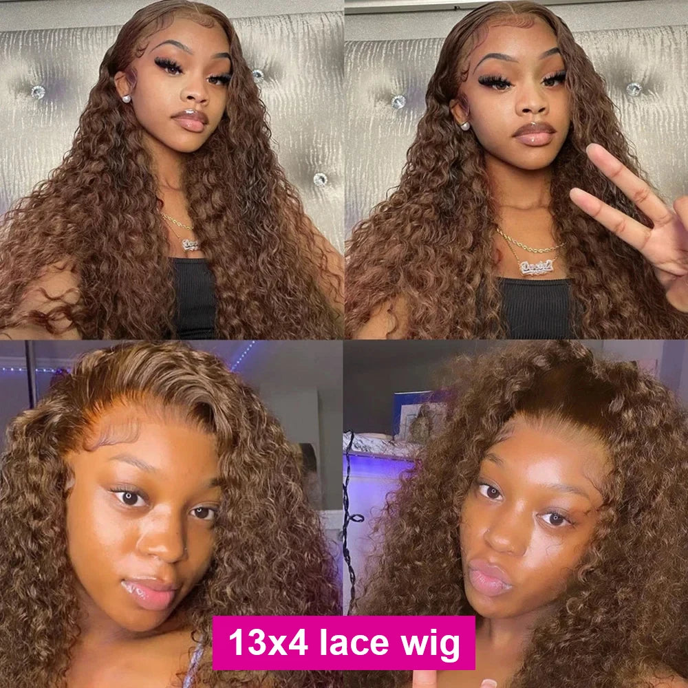 Peruca de Cabelo Humano Ondulado “Deep Wave” Castanho Chocolate 200% Densidade – 30 a 38 Polegadas, Renda Transparente Frontal 13x6