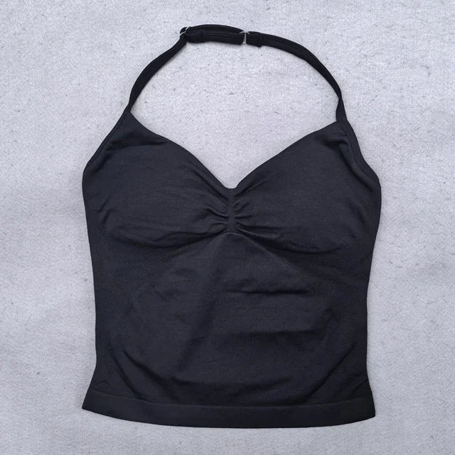 Conjunto Fitness Feminino 2 Peças – Top Ajustável Sem Costuras e Calções Scrunch, Ideal para Yoga, Ginásio e Treinos de Verão