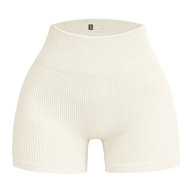 Calças de Yoga de Cintura Alta para Mulher – Modelam e Levantam, Justas, Cor Sólida com Textura Canelada, Tipo Shorts Desportivos