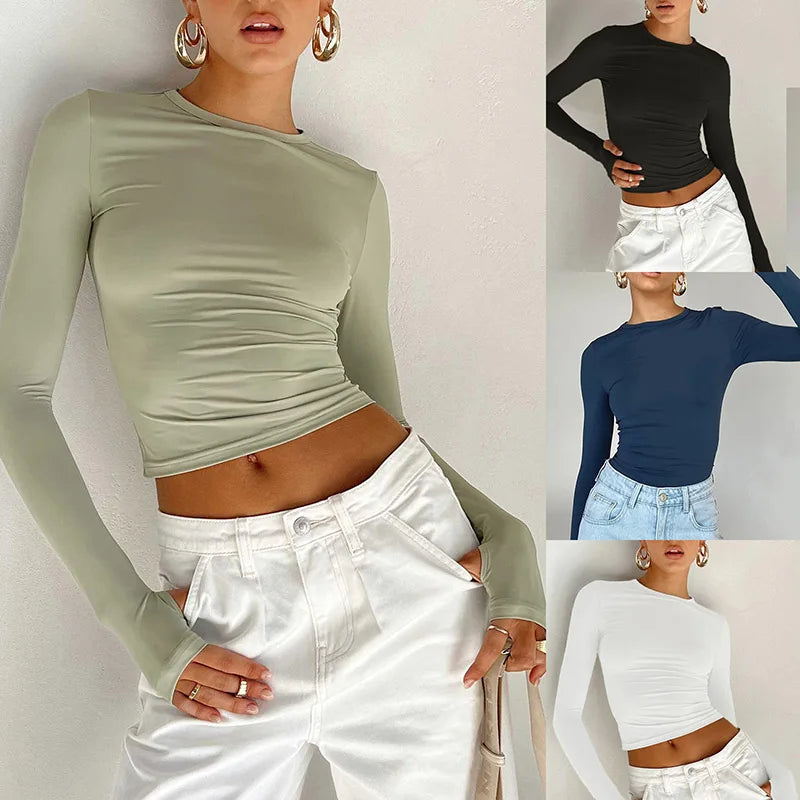 T-shirt Feminina Fashion – Manga Longa, Gola Redonda, Slim Fit, Crop Top com Orifícios para os Polegares, Casual e Streetwear de Verão