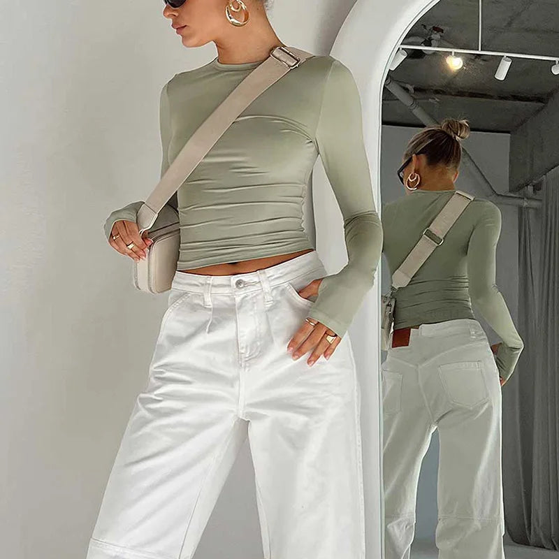 T-shirt Feminina Fashion – Manga Longa, Gola Redonda, Slim Fit, Crop Top com Orifícios para os Polegares, Casual e Streetwear de Verão