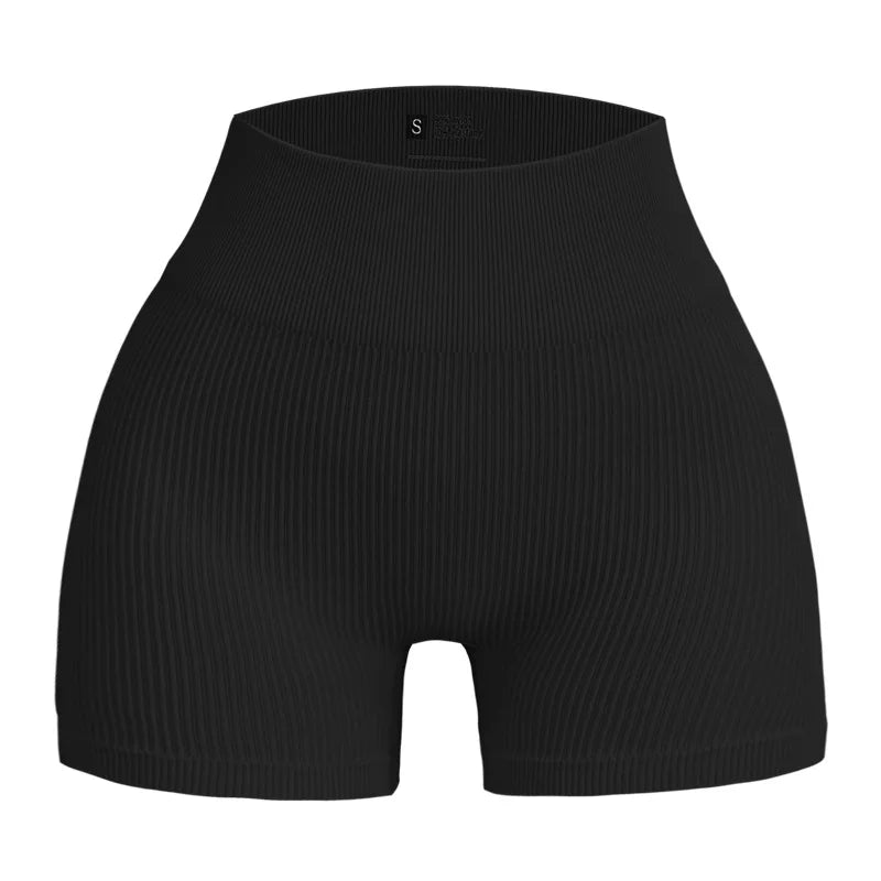 Calças de Yoga de Cintura Alta para Mulher – Modelam e Levantam, Justas, Cor Sólida com Textura Canelada, Tipo Shorts Desportivos