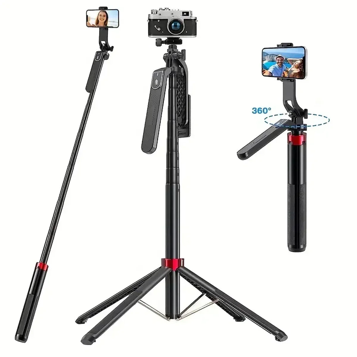 Tripé portátil para câmera com controlo remoto sem fios e rotação 360° — ideal para gravação de vídeo, filmagens e transmissões ao vivo.