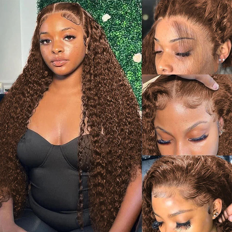 Peruca de Cabelo Humano Ondulado “Deep Wave” Castanho Chocolate 200% Densidade – 30 a 38 Polegadas, Renda Transparente Frontal 13x6