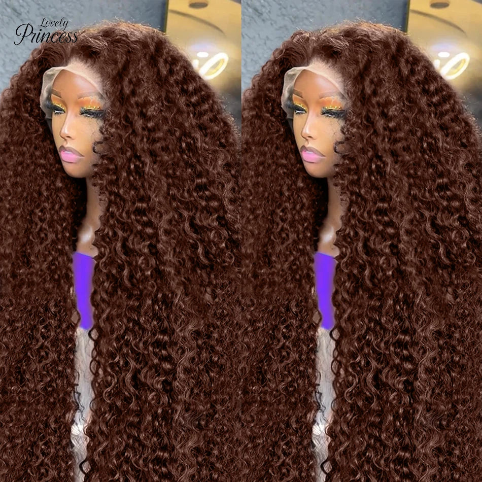 Peruca de Cabelo Humano Ondulado “Deep Wave” Castanho Chocolate 200% Densidade – 30 a 38 Polegadas, Renda Transparente Frontal 13x6