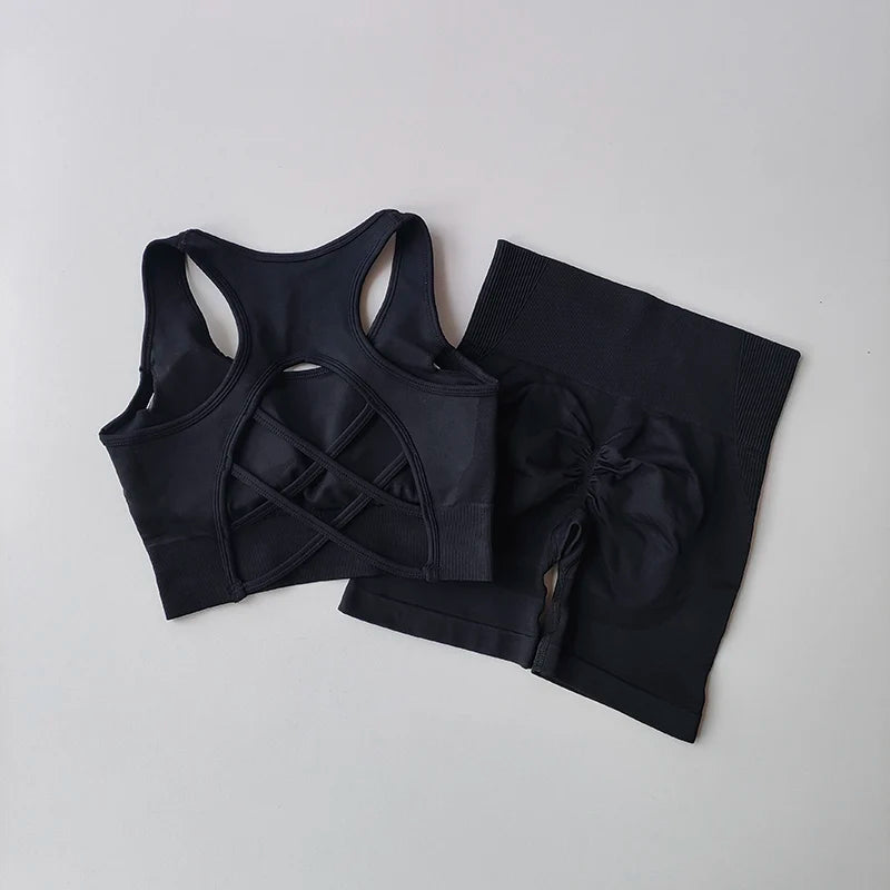 Conjunto feminino de 2 peças sem costuras — top desportivo sexy e calções de cintura alta para treino, fitness e ginásio.