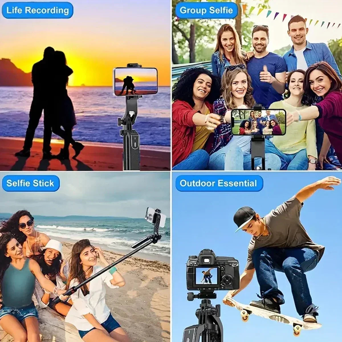 Tripé portátil para câmera com controlo remoto sem fios e rotação 360° — ideal para gravação de vídeo, filmagens e transmissões ao vivo.