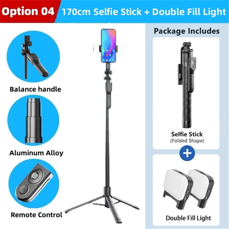 FANGTUOSI bastão de selfie sem fios 1750mm — tripé dobrável/monopé com luz LED para smartphones, gravação estável e transmissões ao vivo.