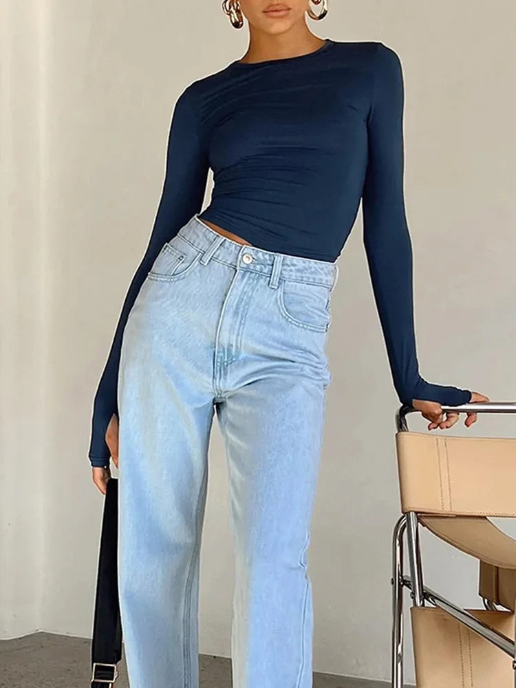 T-shirt Feminina Fashion – Manga Longa, Gola Redonda, Slim Fit, Crop Top com Orifícios para os Polegares, Casual e Streetwear de Verão