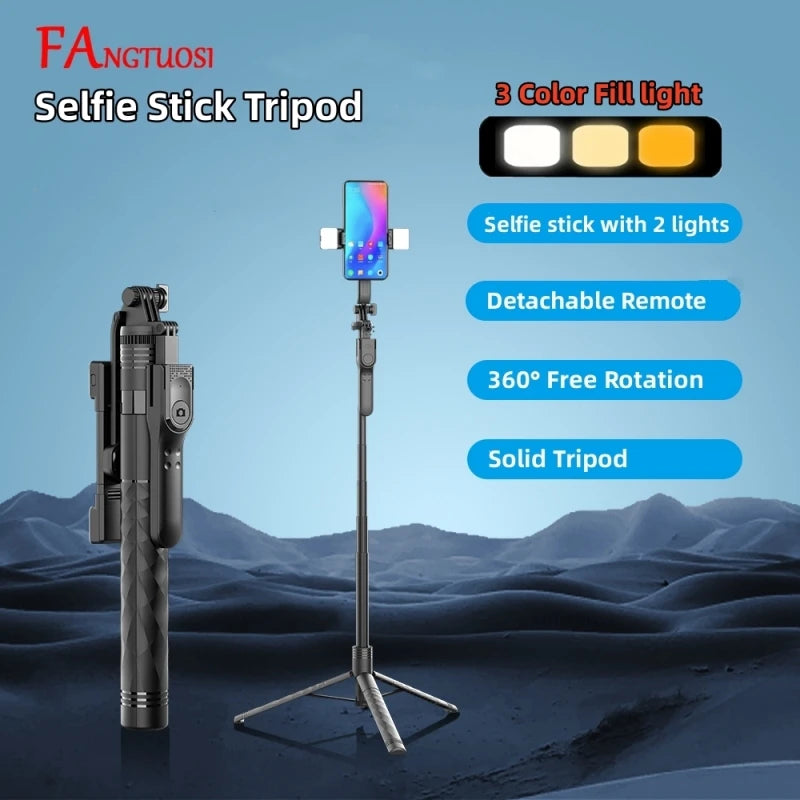 FANGTUOSI bastão de selfie sem fios 1750mm — tripé dobrável/monopé com luz LED para smartphones, gravação estável e transmissões ao vivo.