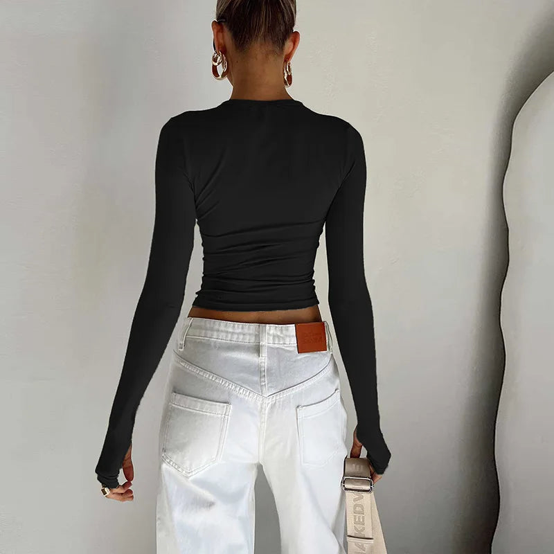T-shirt Feminina Fashion – Manga Longa, Gola Redonda, Slim Fit, Crop Top com Orifícios para os Polegares, Casual e Streetwear de Verão