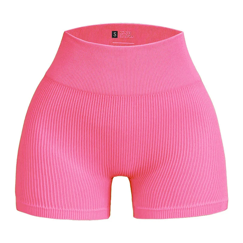 Calças de Yoga de Cintura Alta para Mulher – Modelam e Levantam, Justas, Cor Sólida com Textura Canelada, Tipo Shorts Desportivos
