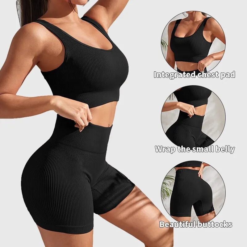 Conjunto de treino feminino sem costuras — top cropped canelado e calções de cintura alta, 2 peças para ginásio, ioga, corrida e fitness.