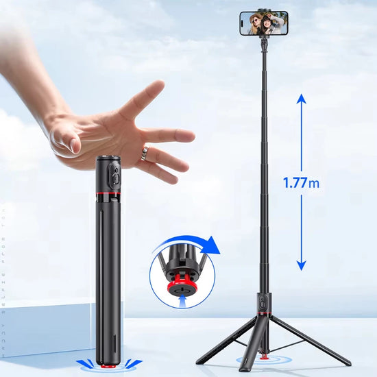 Bastão de selfie TT01 1,77m — tripé automático com controlo remoto magnético.