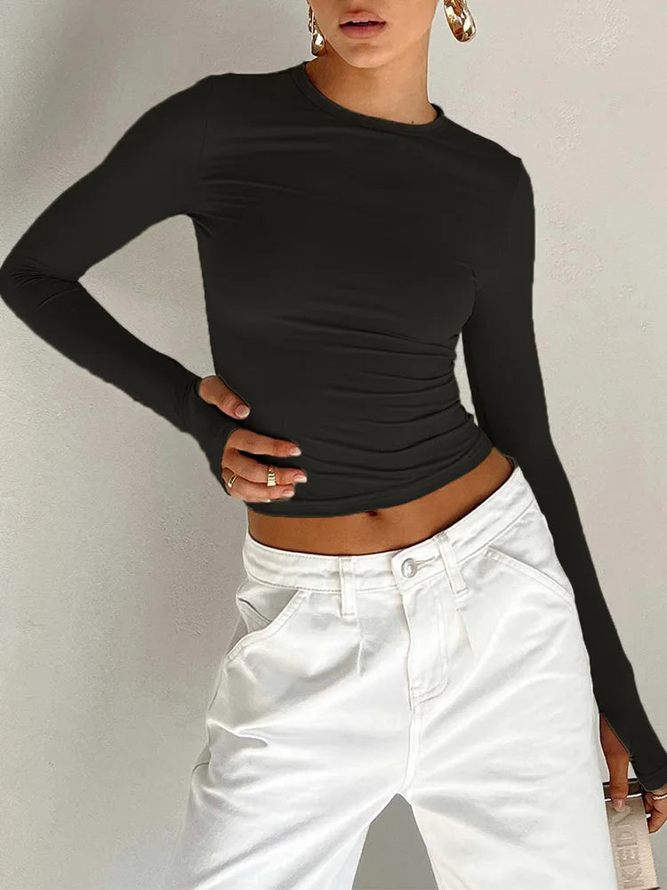 T-shirt Feminina Fashion – Manga Longa, Gola Redonda, Slim Fit, Crop Top com Orifícios para os Polegares, Casual e Streetwear de Verão